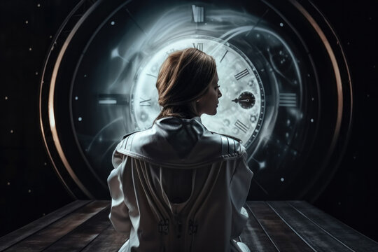 Futuristic woman in space suit sitting in front of warped clock illustrating passage of time. Generative AI. 