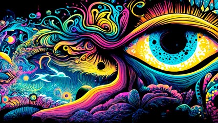 Obraz na płótnie Canvas Trippy and psychedelic artwork with surreal landscape in Retro hippie style, Generative AI