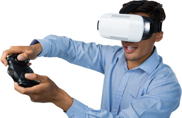 Creative businessman wearing VR glasses while video game