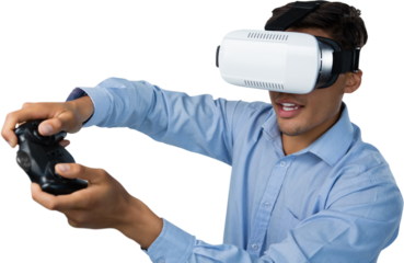 Creative businessman wearing VR glasses while video game