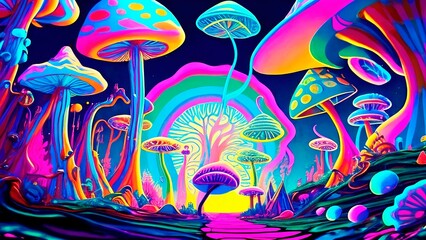 Trippy and psychedelic artwork with surreal landscape in Retro hippie style, Generative AI