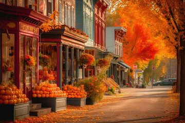 Small town during the fall season. Generative AI - obrazy, fototapety, plakaty