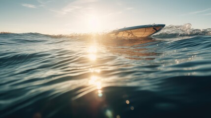 Naklejka na ściany i meble Oceanic Zen: A Serene Image of a Surfboard in the Crystal-Clear Ocean, AI Generative 