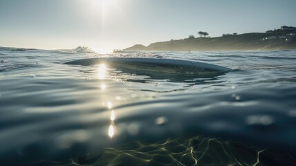 Sun and Surf: A Creative Shot of a Surfboard in the Crystal-Clear Ocean, AI Generative