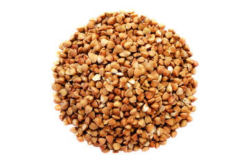 Pile of buckwheat seeds isolated on white background, top view. Buckwheat seeds isolated on white. Buckwheat grains isolated on white background, top view. Buckwheat for porridge.