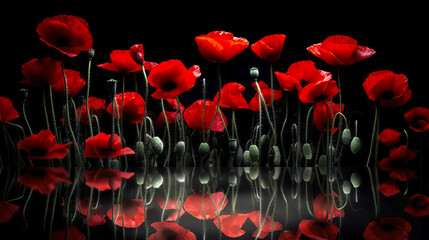 Red poppies as a symbol of memory for the fallen in the war. VE-Day, World War remembrance day. Generative AI illustration