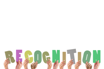 Hands holding colorful word recognition 