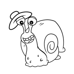 Snail Mascot wearing a hat Vector cartoon black and white line Illustration