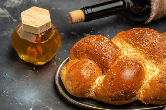 Homemade braided challah shabbat wine, Traditional Jewish Shabbat ritual. Shabbat or Shabath concept