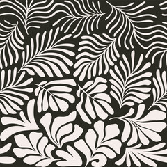 Black and white abstract background with tropical palm leaves in Matisse style. Vector seamless pattern with Scandinavian cut out elements.