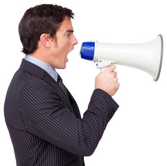 Profile of a businessman shouting through a megaphone