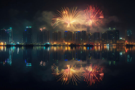 Fireworks over a city, water, reflections. Generative AI