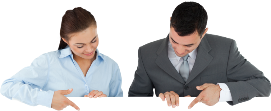 Business partners looking and pointing at sign they are holding