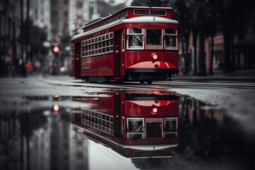 A red tram in a black and white city. Generative AI