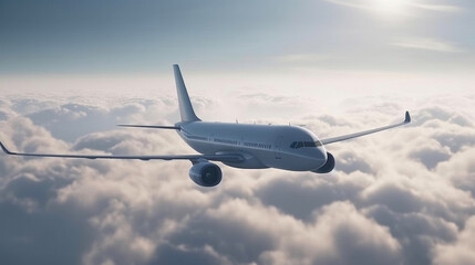 Fototapeta na wymiar Flying airplane above clouds. Generative AI