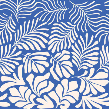Fototapeta Blue white abstract background with tropical palm leaves in Matisse style. Vector seamless pattern with Scandinavian cut out elements.