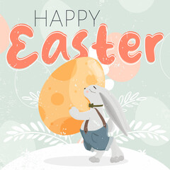 Сongratulation card Happy easter. Bunny carries an easter egg. Pastele colors. egg pattern on the background. floral details on the backdrop. text happy easter 