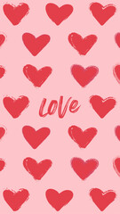 Iconos en forma de corazón con trazos de pincel. Y la palabra Love escrita. 