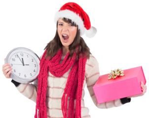 Yelling brunette holding a clock and gift