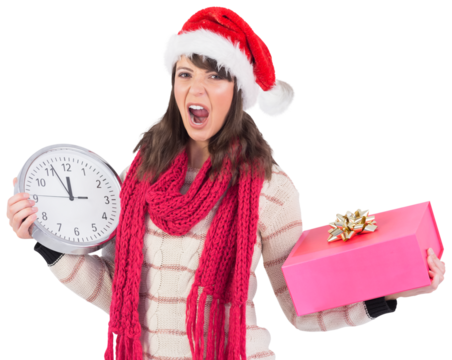Yelling brunette holding a clock and gift