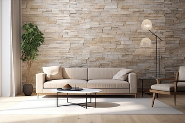 Modern living room and rock wall with interior styles and Home decoration mock up, large windows with nature view for relaxation room, Modern design background with Generative AI.