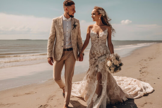 Happy bride and groom walk by the beach. Generative AI