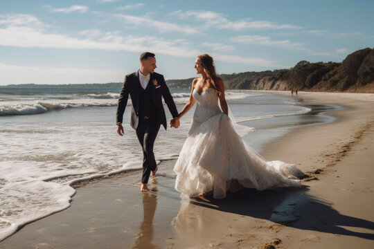 Happy bride and groom walking on the beach. Generative AI