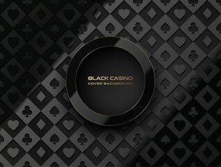 Vector shiny black ring frame, golden line moulding. Black casino glossy pattern 3d poker table texture, volume card symbols. Round border, logo header. Realistic glass frame reflection, gold edge - 588456787