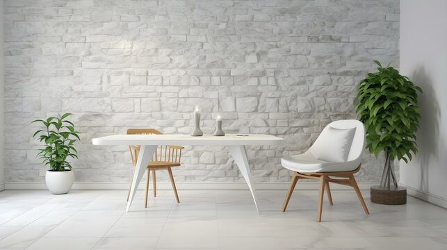 White Smooth Stone Table and Textured Stone Wall