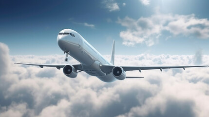 Fototapeta na wymiar Airplane flying in clouds. Generative AI