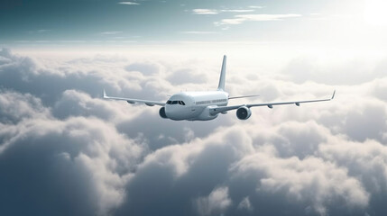 Fototapeta premium Commercial airplane flying above dramatic clouds. Generative AI