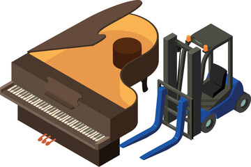 Grand piano icon isometric vector. Keyboard music instrument near forklift truck. Cargo transportation and delivery concept