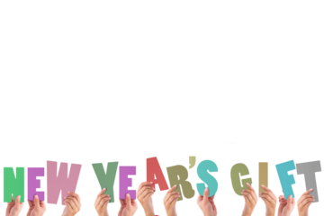 Colorful alphabet spelling new years gift held up by people 