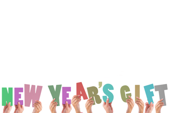 Colorful alphabet spelling new years gift held up by people 