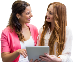 Smiling girls holding tablet