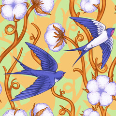 Blooming cotton flowers seamless pattern Drawing of flying swallow birds Hand drawn illustration Seamless pattern design dried flowers and branches Botanical Wallpaper Background