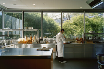 Fototapeta na wymiar Generative AI illustration of a very bright kitchen with a glass wall and views of a restaurant garden with a chef dressed as a chef cooking