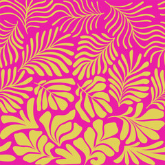 Yellow pink abstract background with tropical palm leaves in Matisse style. Vector seamless pattern with Scandinavian cut out elements.