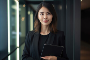 portrait of asian businesswoman holding clipboard and looking at camera. Generative AI
