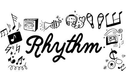 Rhythm text surrounded by various colorful vector icons
