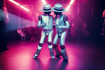 Obraz na płótnie Canvas Generative AI illustration of couple of man and woman artificial intelligence semi-human robots in love dressed in latest fashion with hat dancing in a trendy nightclub