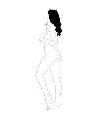 line art, sketch of woman with long hair standing