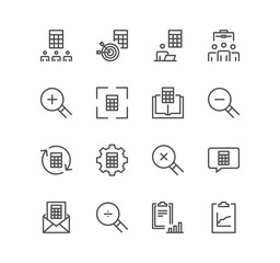 Set of calculation and accounting related icons, calculator, money, audit, tax, revenue, payable, credit and linear variety symbols.