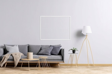 Generative AI illustration of a Very bright Stylish futuristic living room with poster mockup with sofa and natural light