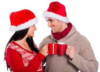 Young festive couple holding mugs