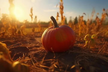Pumpkin on a field with a shining orange surface. Realism. Creative AI Wallpaper. Nature Background. Created by Generative AI