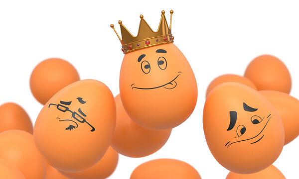 Group of flying farm brown chicken eggs flying with funny face and crown on it