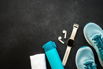 Workout and fitness concept, training plan. Flat lay image with copy space black background.