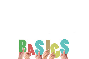 Cropped hands holding colorful word basics 