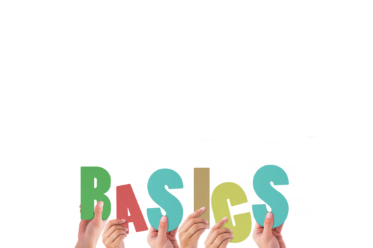 Cropped hands holding colorful word basics 